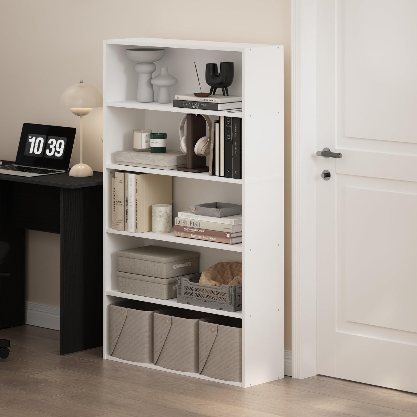Furinno PASIR Book Shelf, 5-Tier Bookshelf, Bookcase with Open Shelf, 9.4 x 31.5 x 52.7, for Living Room, Bedroom, Home Office, White