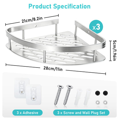 Suimlmta 3 Tier Corner Shower Caddy, No Drill Shower Shelf Organiser Wall Mounted Bathroom Shelves Storage Rack Fit for Showers Toilet Dorm Kitchen