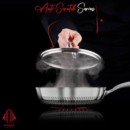 Premium Frying Pan with Lid  28 cm/ 11 Inches  Non-Stick | Scratch Resistant | Extra Deep Large | Chemical Free | Stainless Steel Skillet | Honey