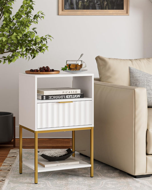 HEYZOEY Bedside Table, Tall White Side Table with Gold Frame, 3-Tier Storage Nightstand for Bedroom & Living Room (Modern-wave)