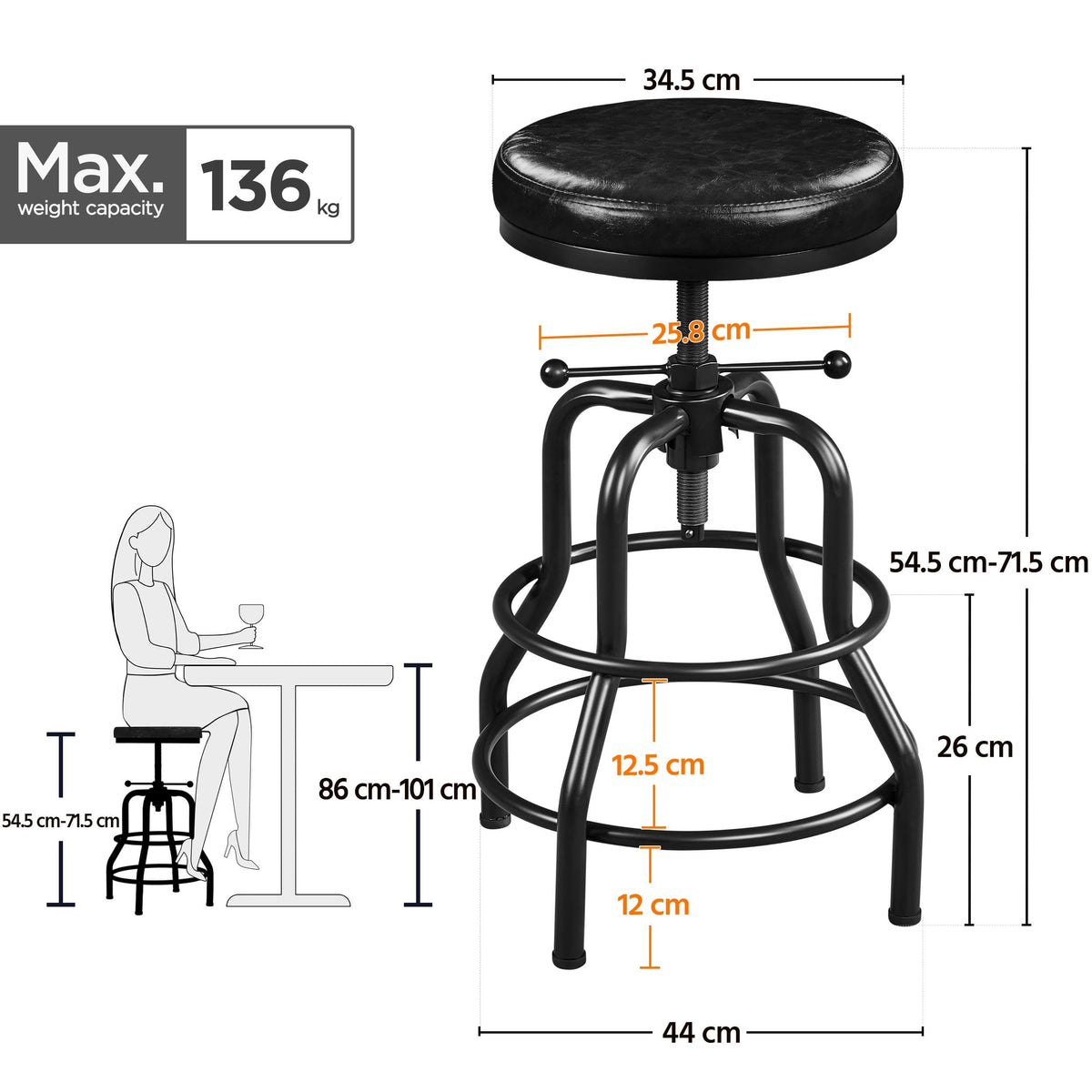 Yaheetech Rustic Round Adjustable Industrial Bar Stools, 1PCS Black