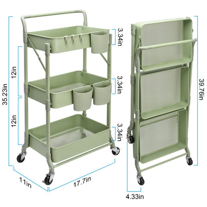 Shrivee 3-Tier Foldable Metal Shelf Organiser, Serving Trolley with Wheels for Kitchen, Bathroom, Office (Green)