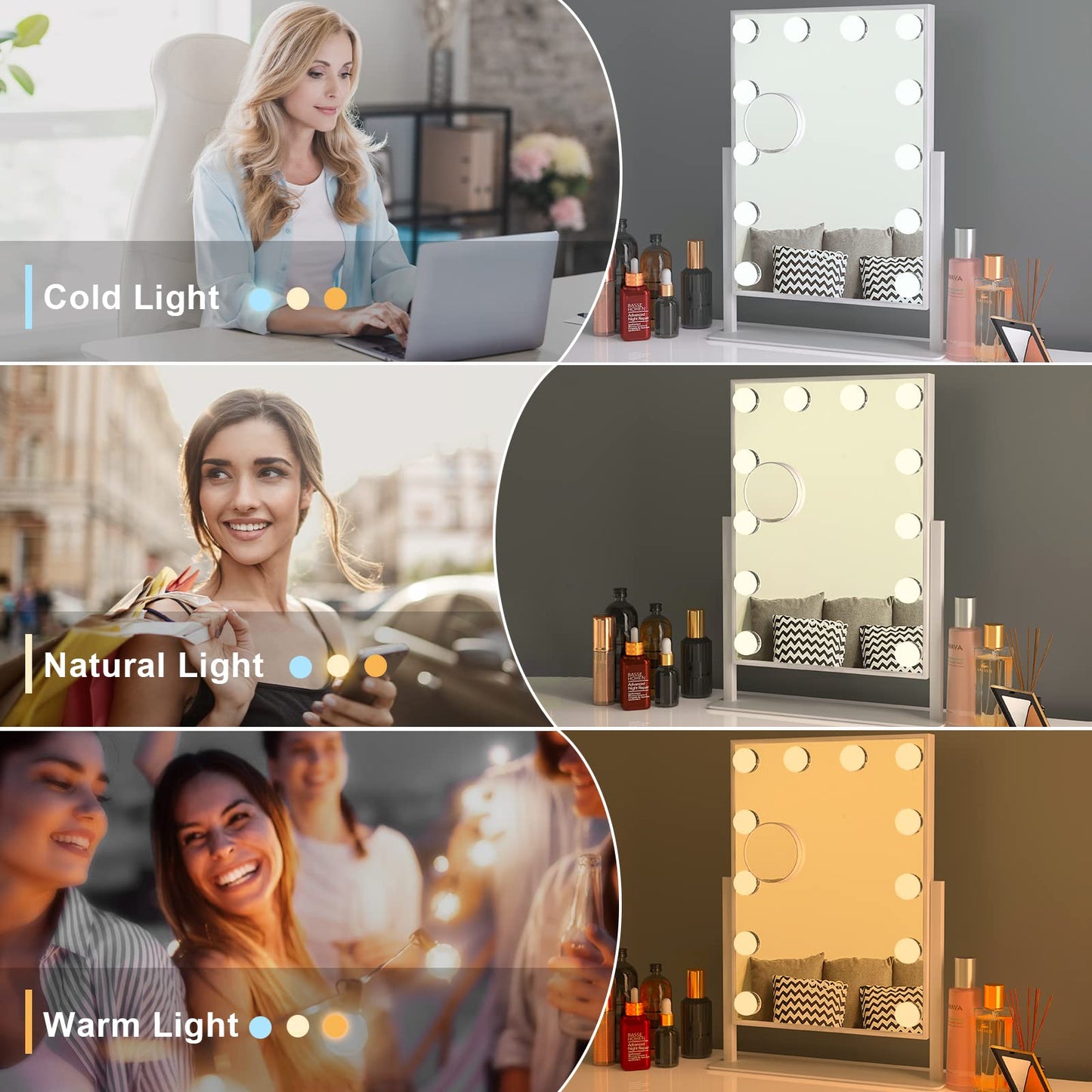 Dripex Hollywood LED Vanity Mirror, 36.5 x 47 cm Lighted Makeup Mirror with 12 Dimmable Bulbs, 360Rotation, 3 Color Lighting Modes, Touch Screen