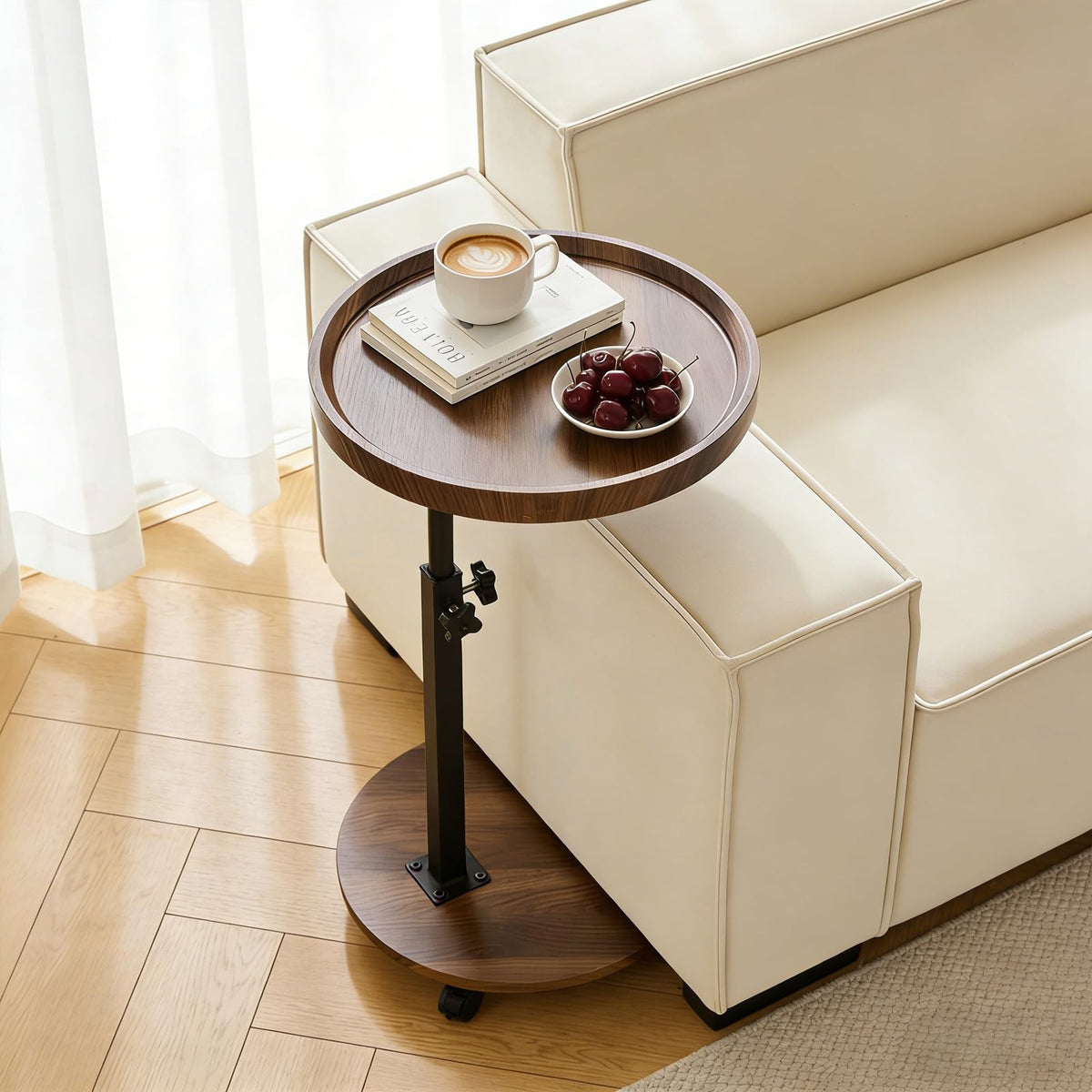 YYW C Shaped End Table Adjustable Height, Couch Tables That Slide Under for Small Spaces, 360°Swivel TV Tray Table