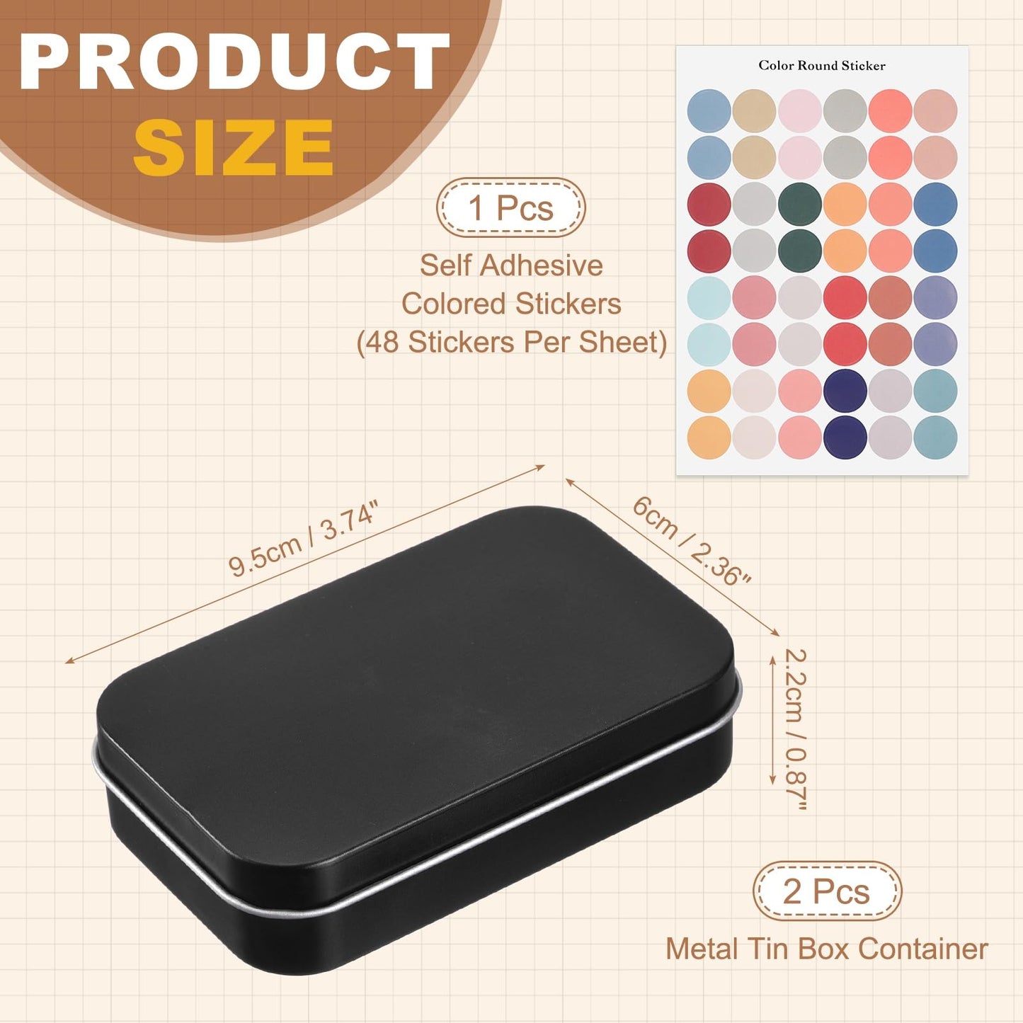 sourcing map 2Pcs Metal Tin Box Container, 3.7x2.4x0.9 Rectangular Empty Box with Self Adhesive Colored Stickers