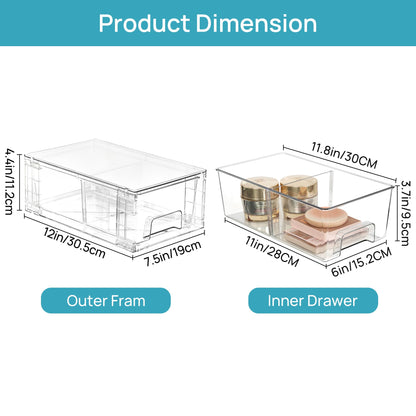 Vtopmart 4 Pack Stackable Storage Drawers,Clear Acrylic Drawer Organizers with Handles, Easily Assemble Containers for Fridge, Bathroom,Kitchen