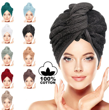 BAVIN LUXURY Hair Towel Wrap 100% Cotton, Instant Drying Lightweight Turban Hair Cap Super Quick Absorbent Anti-Frizz Twist Toweling Dry Hat with