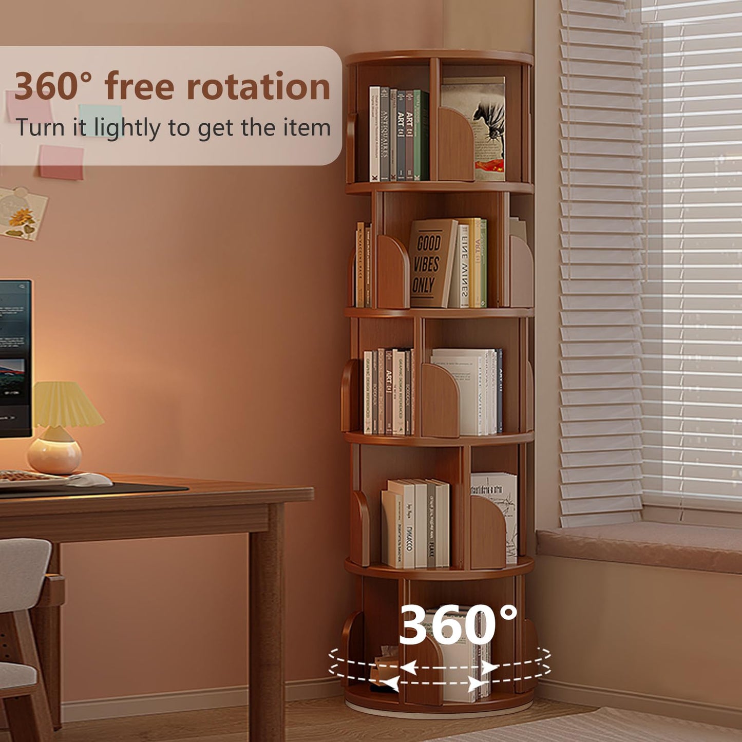 KZOBYD Rotating Bookshelf, Revolving Book Shelf (Brown, H 158 cm)