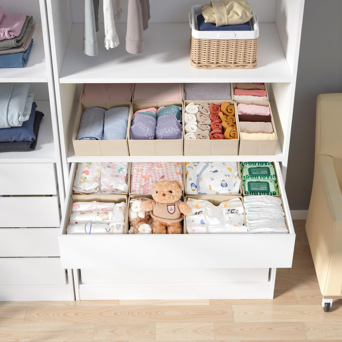 ORLISA Set of 16 Drawer Organisers, Compatible with PAX Wardrobe, 100 x 58 cm, Foldable Fabric Boxes with Sturdy Base for Clothes, Robust Beige