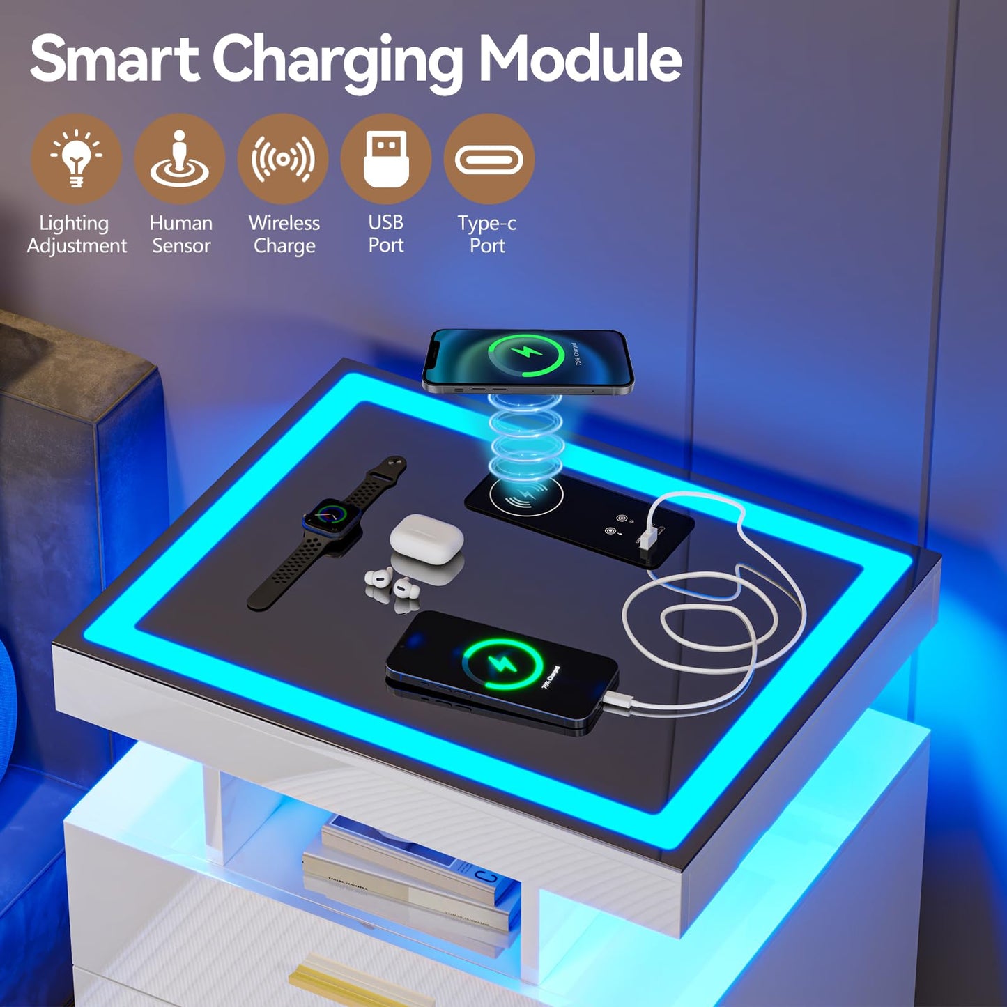 Gurexl LED Bedside Table with Glass Top and 3 IN 1 Charging Station,White