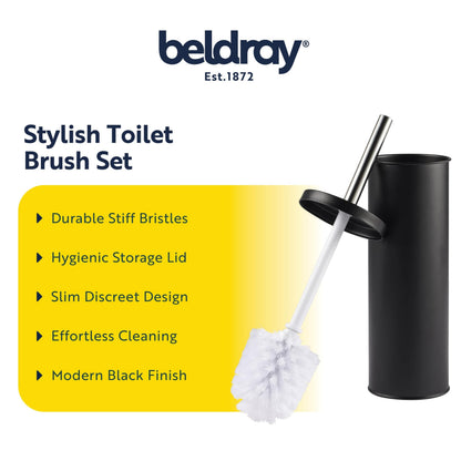 Beldray LA059451BLKFEU7 Toilet Brush and Holder Set - Bathroom Toilet Bowl Cleaning Brush with Stiff Bristles Hygiene Holder with Lid Slim for Easy