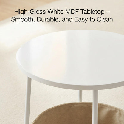 FurnitureR End Table, Small Bedside Table with Fabric Storage Basket, Modern Nightstand, 45 cm White Top, for Living Room, Bedroom