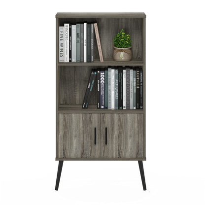 Furinno MIDCENTURY Storage Shelves, Storage Cabinet with Doors and Shelves, Bookshelf with Legs, for Living Room, Home Office, Grey Oak