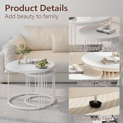 Huhote Round Coffee Tables, Set of 2 End Table, Nesting Tables, Side Table with Metal Frame for Living Room/Bedroom/Balcony/Office/Apartment