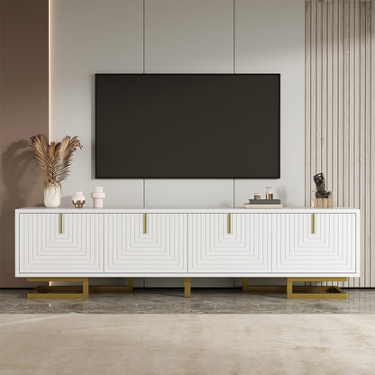 Ball & Cast TV Cabinet with Storage, White TV Stand with 4 Textured Doors, Golden Handles and Golden Legs, 160x38x44.5cm