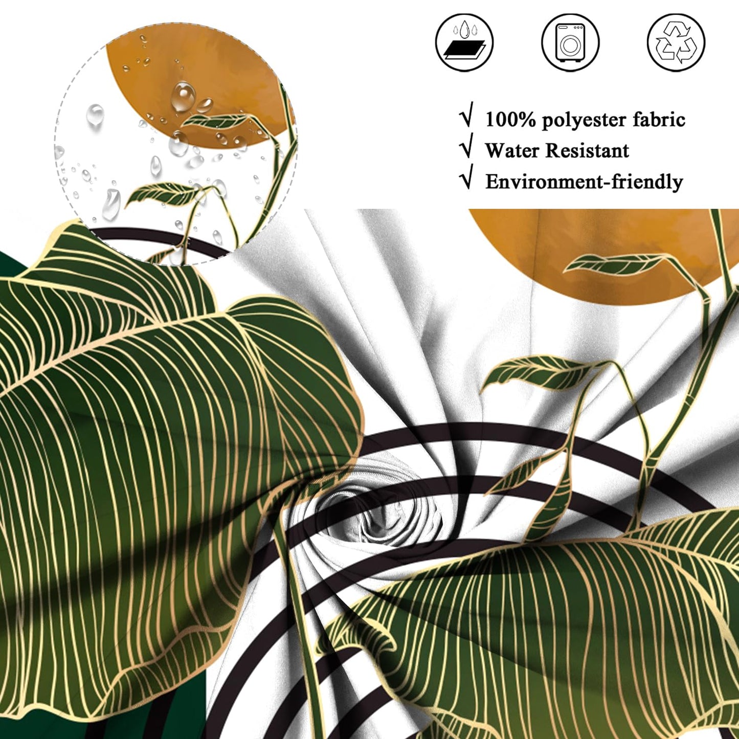 ASDCXZ Boho Shower Curtain 180x200 cm, Modern Abstract Art Green Gold Tropical Leaves Sun White Bath Washable Shower Curtains Polyester Textile