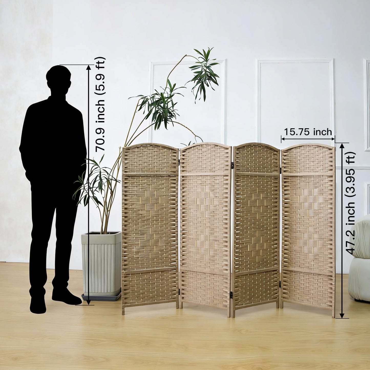 Furnnylane 4 Panel Light Brown Rattan Divider Short Room Partition Screen,Double Sided Short Folding Divider for Room Separation,120 cm Tall