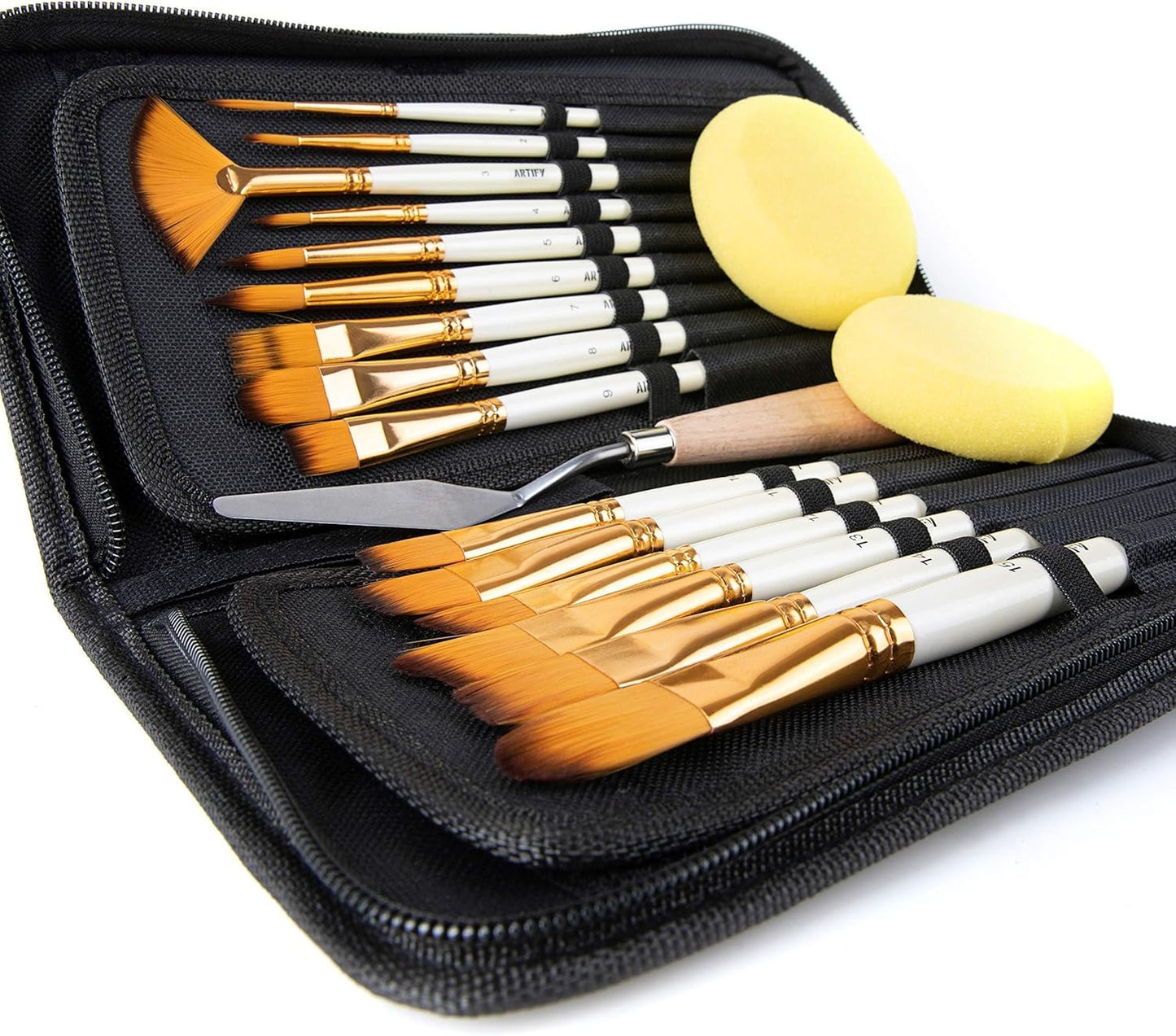 Artify 15 pcs Paint Brush Set for Acrylic Oil Watercolor Gouache Painting Includes Pop-up Carrying Case with Palette Knife and 2 Sponges, Pearl White