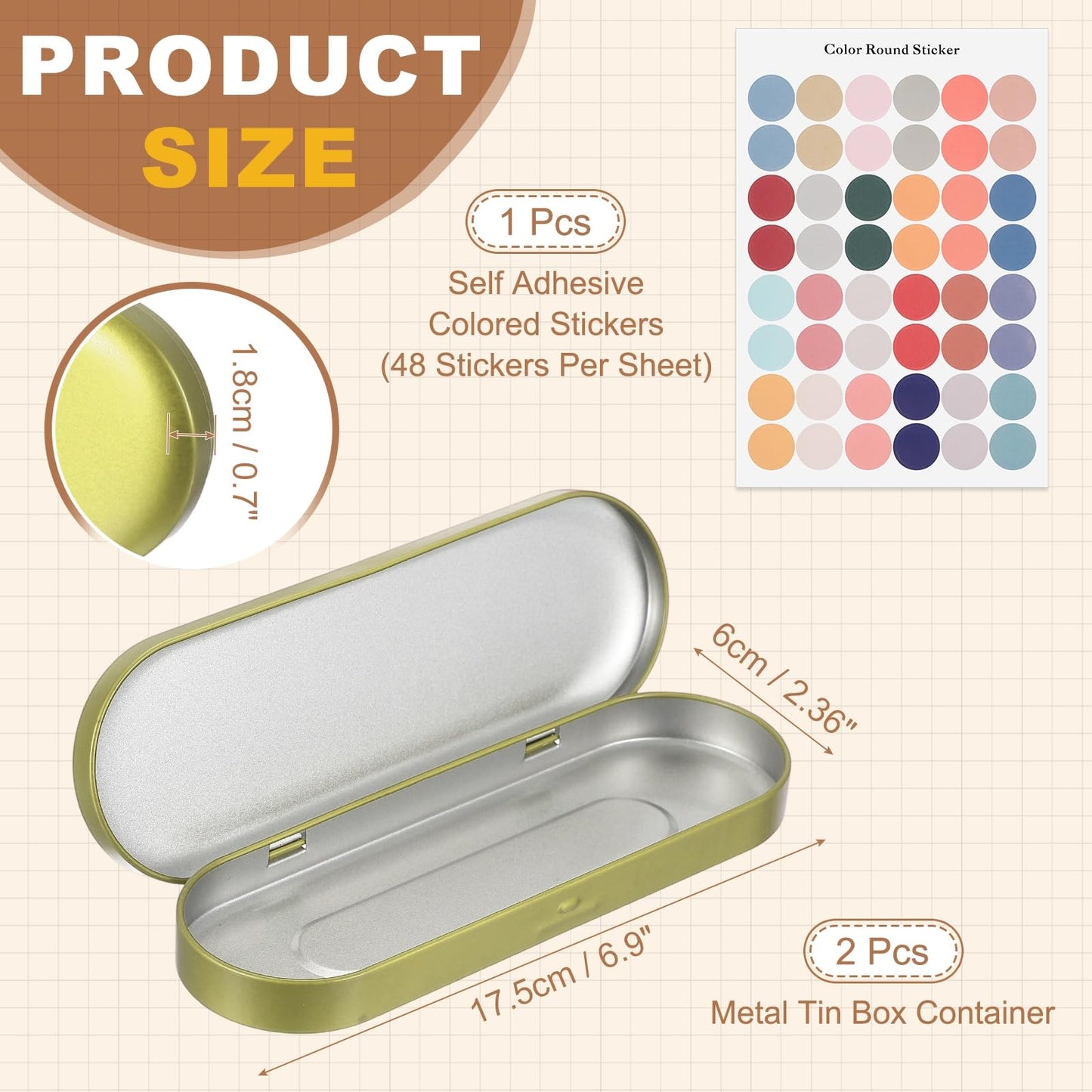 sourcing map 2Pcs Metal Tin Box Container, 6.9x2.4x0.7 Oval Empty Hinged Lid Box with Self Adhesive Colored Sticker