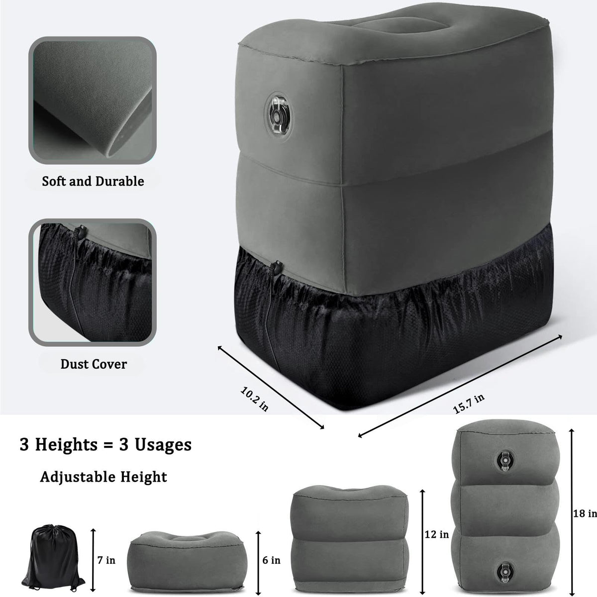 Inflatable Foot Rest Pillow, Airplane Travel Pillow, Multifunctional Adjustable 3 Layers Height Foot Rest