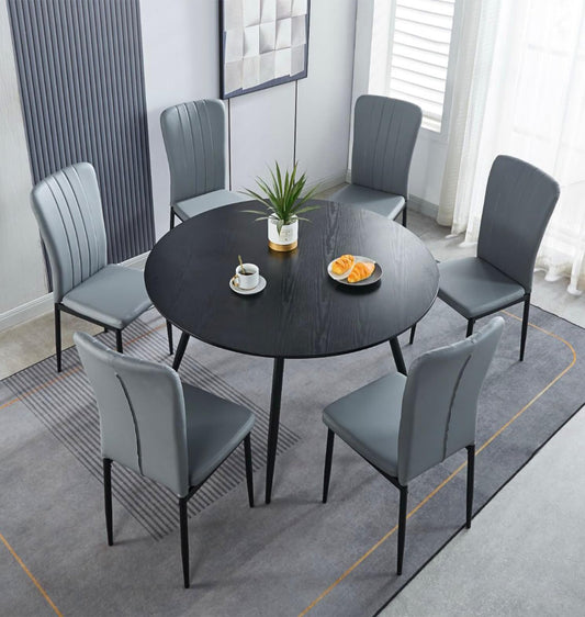 Hallowood Furniture Cullompton Large Round Dining Table and Chairs Set 6, 120cm Black Wood Effect Dining Table and Chairs in Light Grey Faux Leather,