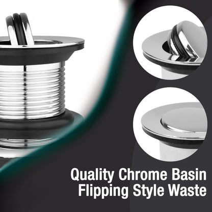 Xcel Home G 1 1/4 Unslotted Chrome Flip Top Basin Waste – Brass Sink Plug with Swivel Mechanism, Durable Bathroom Basin Drain Stopper