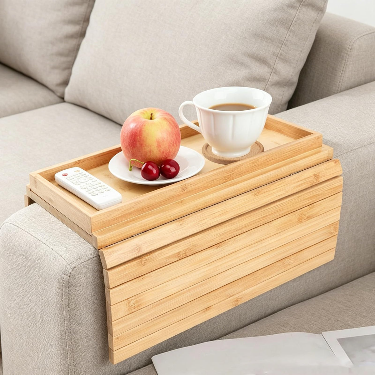 Solid Wood Armrest Tray, Space-Saving Table for Snacks & Drinks, Non-Slip Grooves, Includes 1 Wooden Coaster, Sofa Armrest Organizer