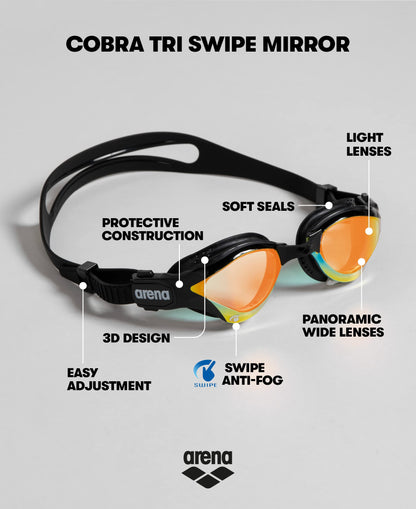 arena Cobra Tri Swipe Mirror Unisex Adult Triathlon Goggles, Swimming Pool Goggles with Mirror Lenses, Anti-Fog, UV Protection, 3 Interchangeable Nose