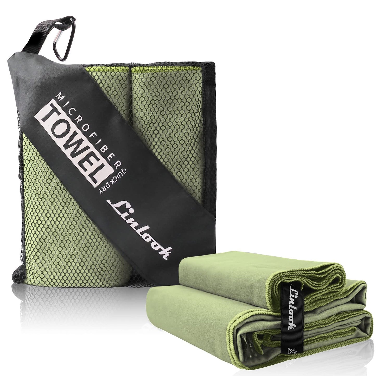 Linlook Microfibre Beach Towel Set (180 x 80 cm Large + 100 x 50 cm Small) - Quick Drying, Compact, Army Green