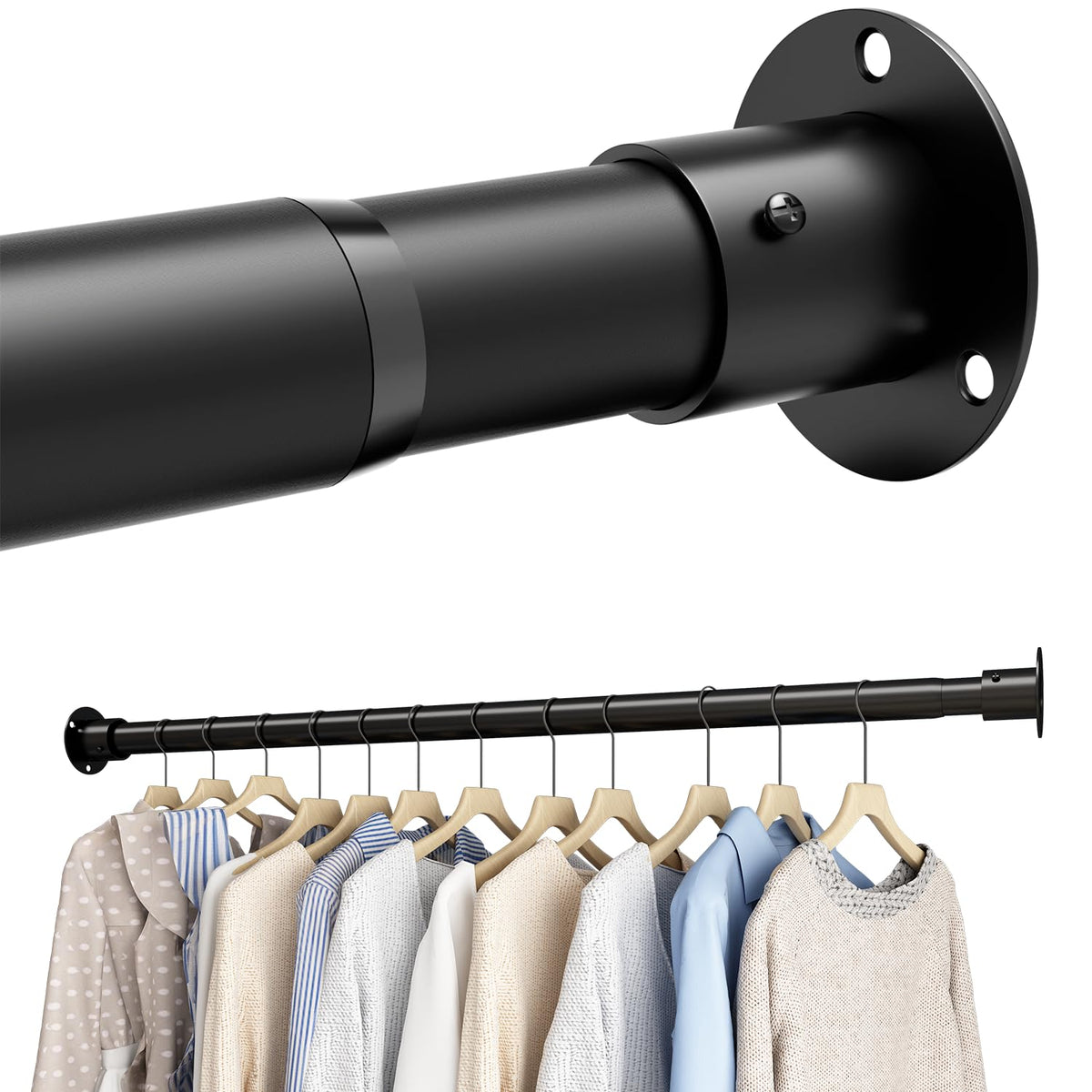 Wardrobe Rail, Extendable Clothes Rail, Wardrobe Pole and Fittings, Heavy Duty Clothes Pole for Wardrobe and Cloakroom, Black, 85-235cm(Diameter 32mm)