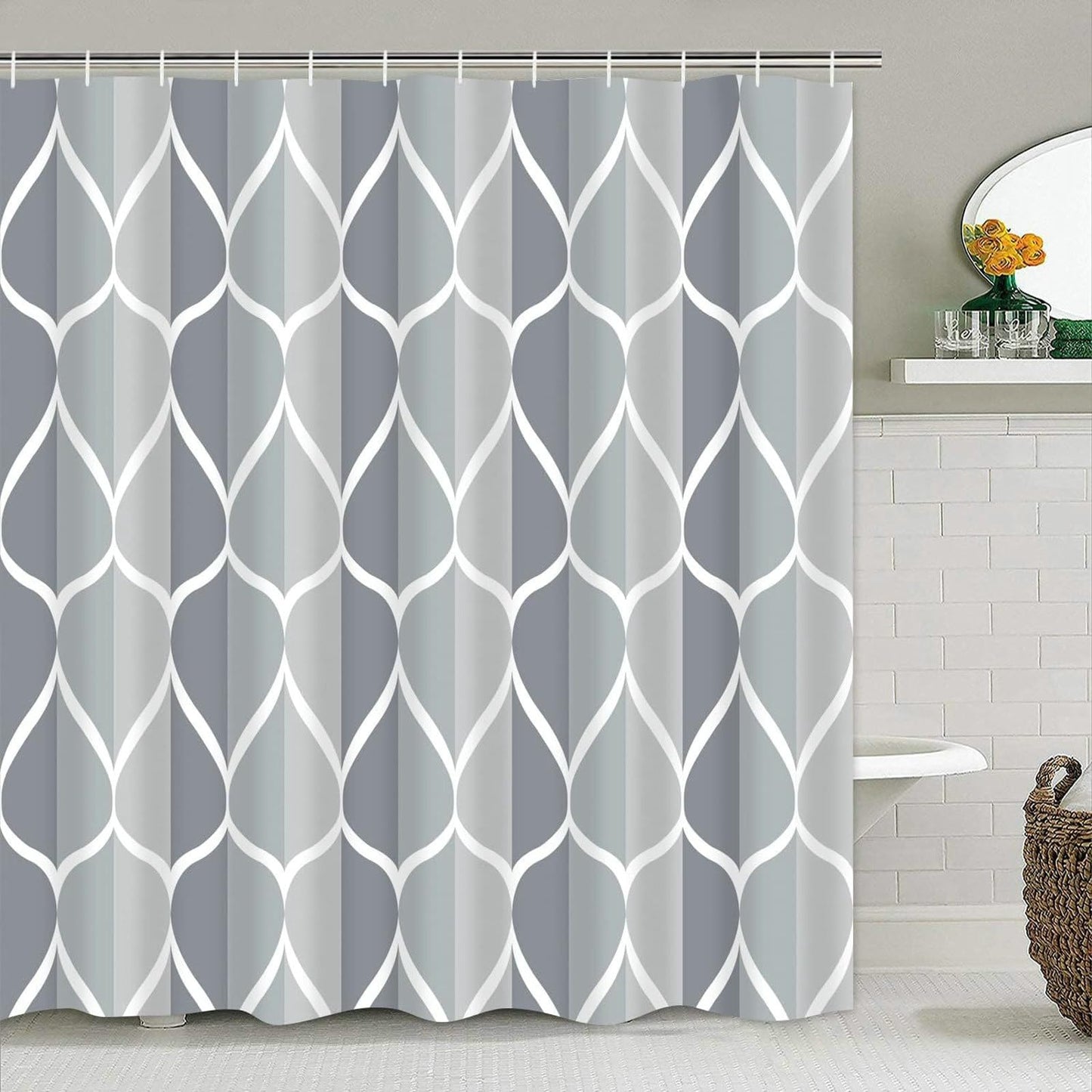 Bishilin Light Grey Shower Curtains for Bathroom 300x200CM with Hooks and Wave Pattern, Waterproof and Anti Mould Resistant, Machine Washable