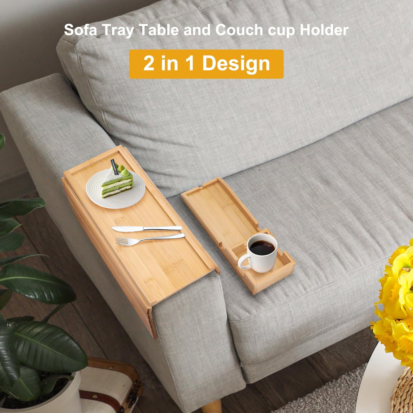 Yuhtech Sofa Arm Tray, Bamboo Sofa Arm Tray Table, Couch Cup Holder, Foldable Bamboo Pallet with Cup Holder for Snacks, Phones, Remotes