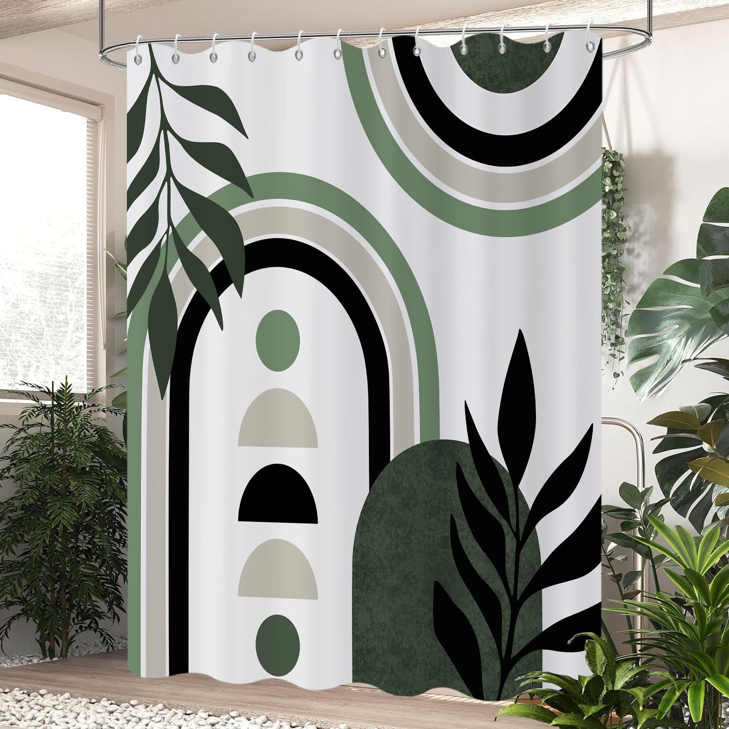 GCIREC Shower Curtain, 180x200cm, Green White Mid Century Modern Abstract Art Boho Geometric Waterproof Fabric Machine Washable Bathroom Curtain with