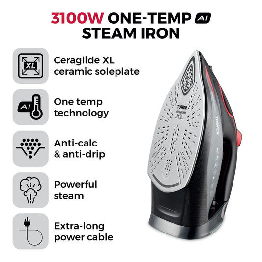 Tower T22034RED Steam Iron with Ceraglide XL Ceramic Soleplate, AI One Temp Technology, Anti-Drip & Anti-Calc, 350ml Water Tank, 3100W, Red & Black