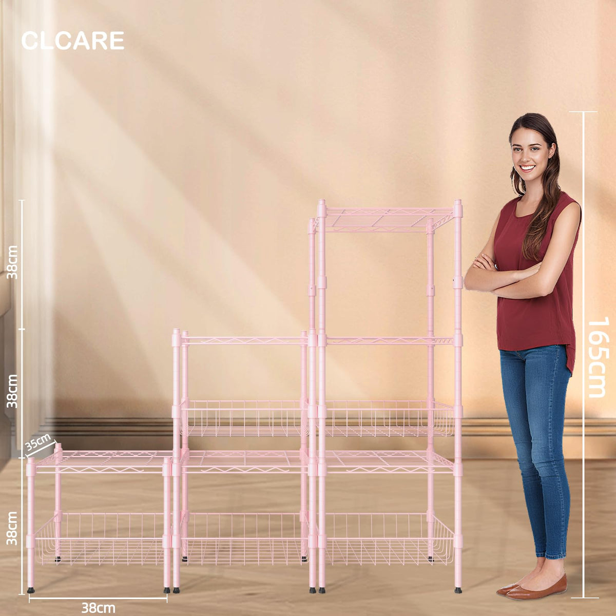 CLCARE Stacking Shelf Adjustable, Stackable & Expandable, Heavy Duty Storage Shelving Unit, Cabinet Organizer Shelf (Pink,1-Tier)