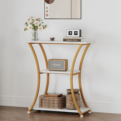Trironsun Rustic Narrow Console Table with 3 Tiers, Slim Hallway Table with Curved Metal Frame and Open Shelves