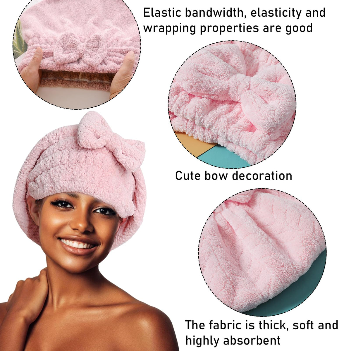 DKDDSSS 3 Pack Microfiber Hair Drying Towels, Hair Drying Cap, With Bow-Knot Shower Cap, Super Absorbent