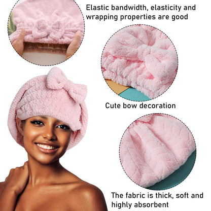 DKDDSSS 3 Pack Microfiber Hair Drying Towels, Hair Drying Cap, With Bow-Knot Shower Cap, Super Absorbent