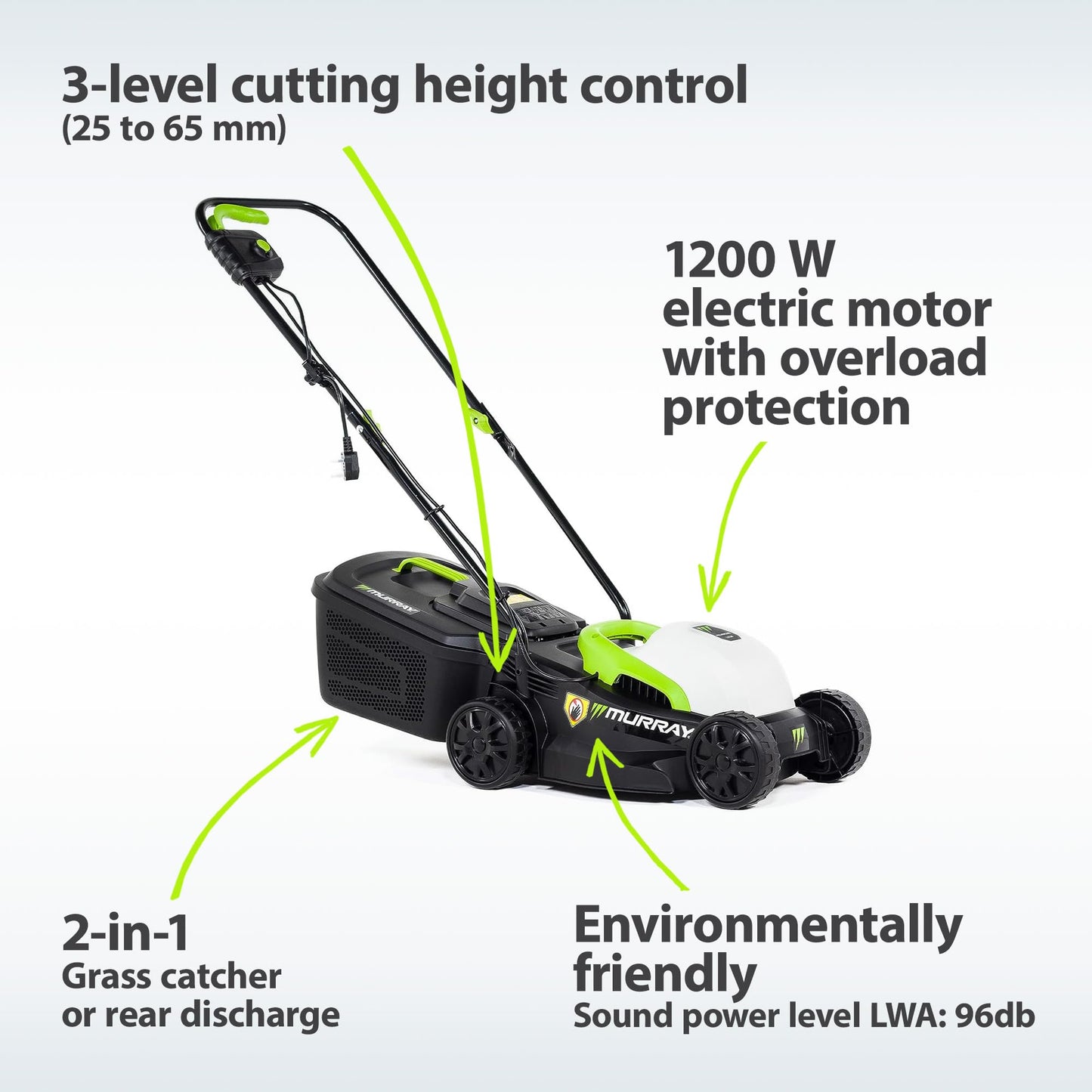 Murray Corded Electric Lawnmower 2-in-1 - Compact Lawn Mower 1200W/32cm with Grass Box 27L for Small Lawns - Ergonomic Soft Grip for Easy Grass