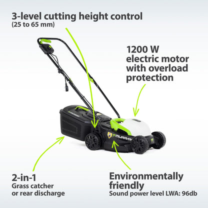 Murray Corded Electric Lawnmower 2-in-1 - Compact Lawn Mower 1200W/32cm with Grass Box 27L for Small Lawns - Ergonomic Soft Grip for Easy Grass