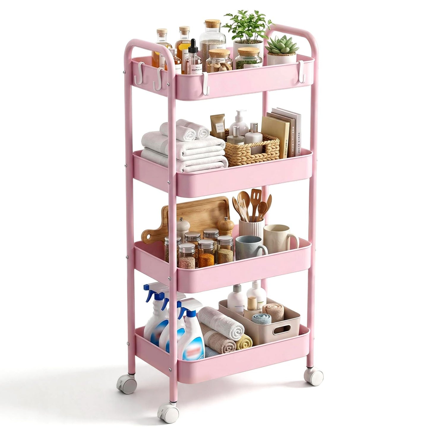 CHUNGG Bathroom Storage 4 Tier Beauty Trolley on Wheels, Mobile Kitchen Trolley with Hooks & Handle, Metal Rolling Utility Cart for Home
