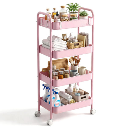 CHUNGG Bathroom Storage 4 Tier Beauty Trolley on Wheels, Mobile Kitchen Trolley with Hooks & Handle, Metal Rolling Utility Cart for Home