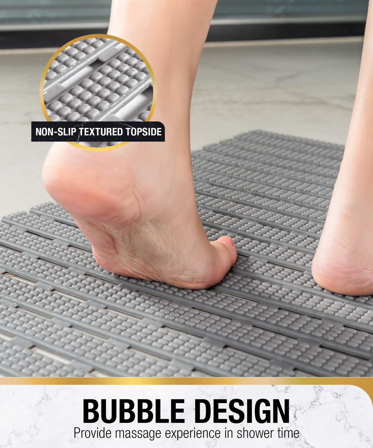 HITSLAM TPE Bath Mat, 68x38cm, Non Slip Shower Mats for Inside Shower, Grey