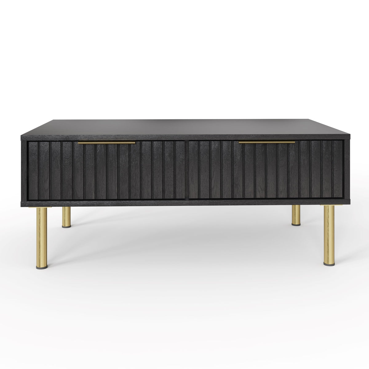 GFW Nervata Coffee Table, Black Coffee Table with 2 Drawers, Art Deco Style Living Room Table with Gold Accents and Wood Grain Texture