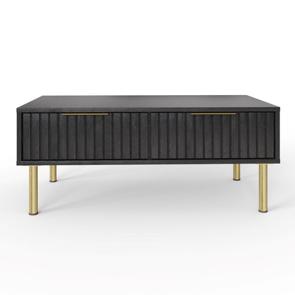 GFW Nervata Coffee Table, Black Coffee Table with 2 Drawers, Art Deco Style Living Room Table with Gold Accents and Wood Grain Texture