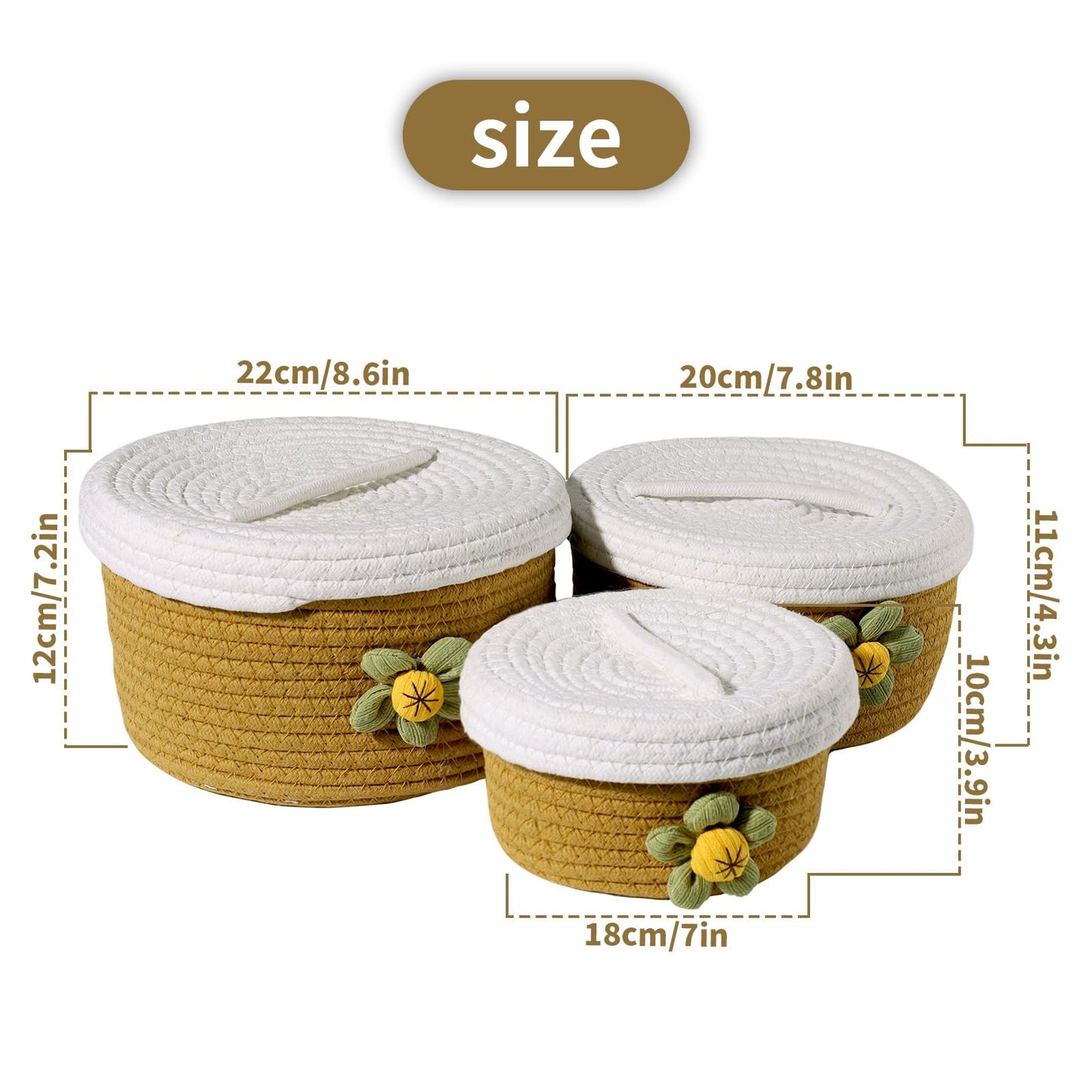 Alissvater 3-Piece Cosmetic Storage Basket Made of Natural Cotton Yarn with Lid - Washable and Decorative Basket for Storage