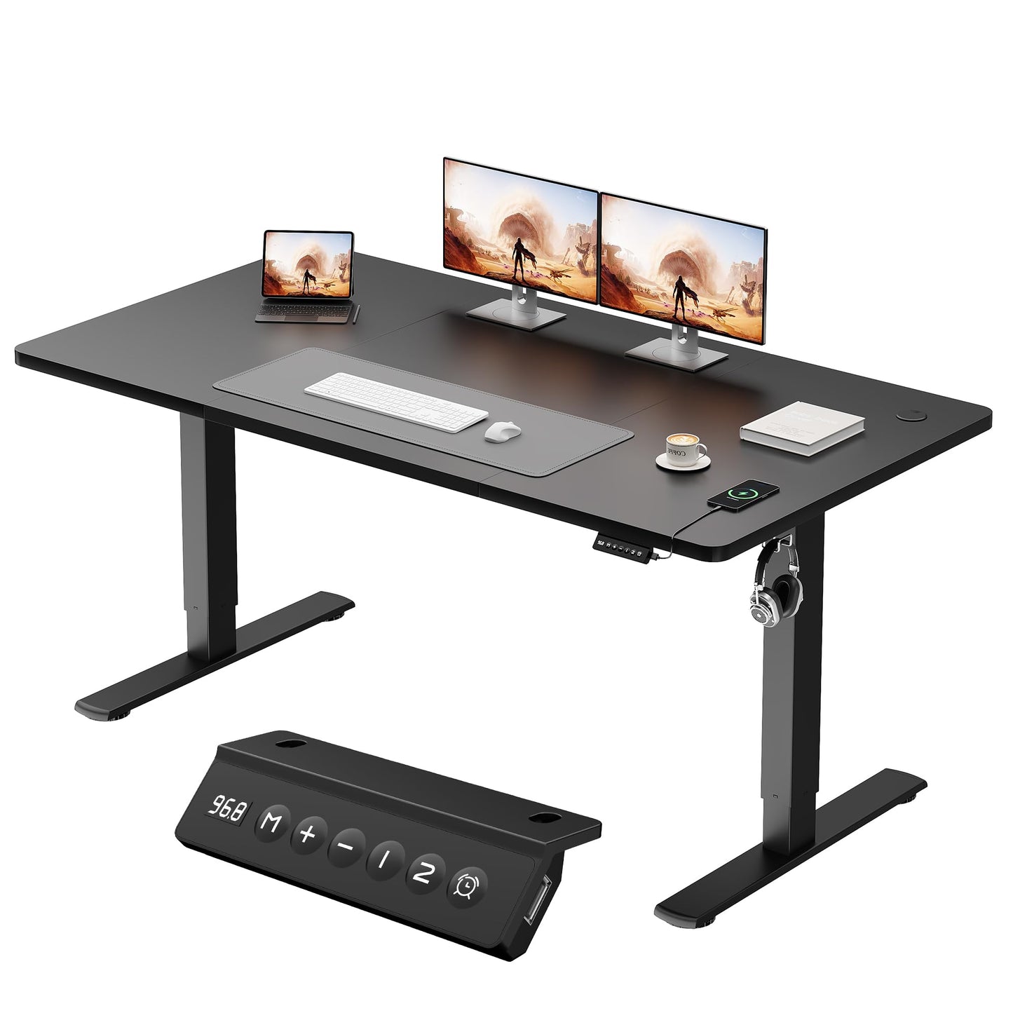 JUMMICO Electric Standing Desk 160x60cm – Height Adjustable with USB Charging, Sedentary Reminder, Memory Heights for Home Office Use, Black