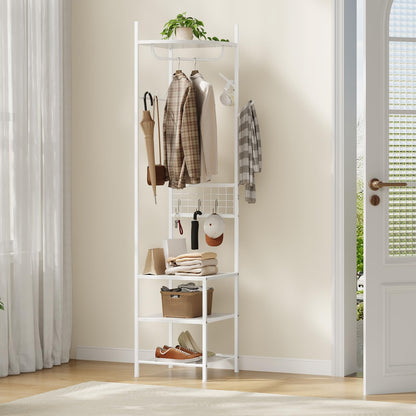 HOOBRO Corner Coat Stand, Coat Stands for Hallway, Freestanding Coat Rack with 5 Hooks and 4 Shelves, Clothes Rail with Hanging Rail, S-Hooks
