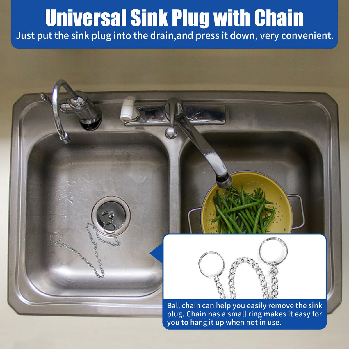 2 Pcs Drain Stopper Sink Plug, Universal Bath Plug with Stainless Steel Chain,Drain Stopper For Bathtub Sink Bathroom Kitchen Home,42mm to 46 mm