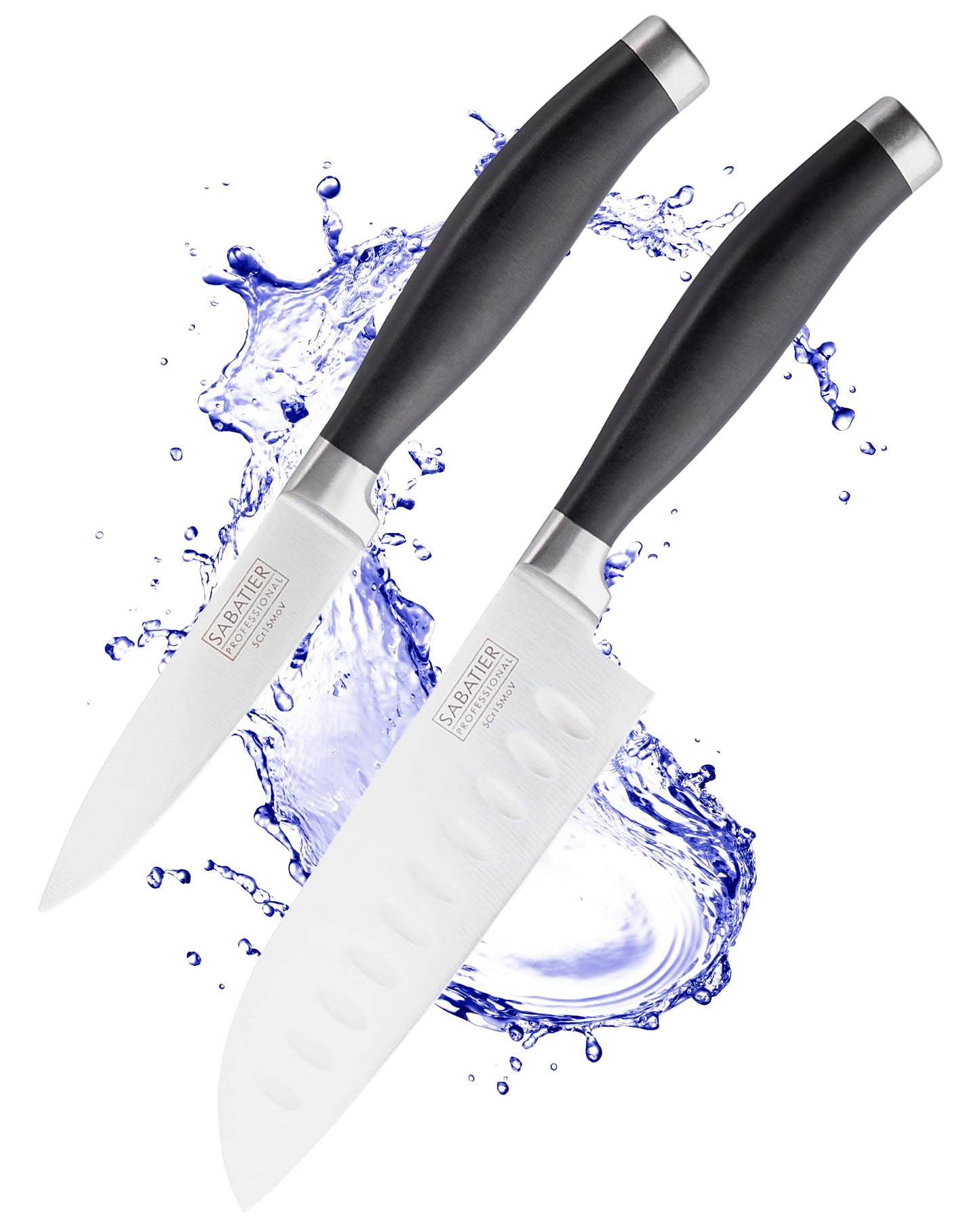 Sabatier Professional Kitchen Knife Set - 2pc, 5in/12cm Oriental Santoku & 3.5?/9cm Paring Knives. Taper Ground Stainless Steel Blade, Matt Black